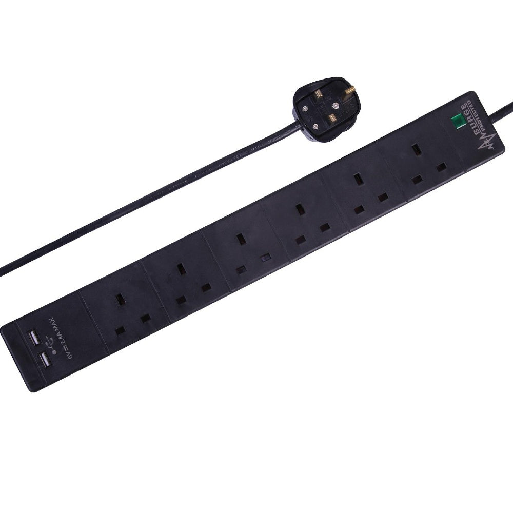 Surge Protected Black 6 Way & USB Extension Lead 5m-Power Leads-DJ Supplies Ltd