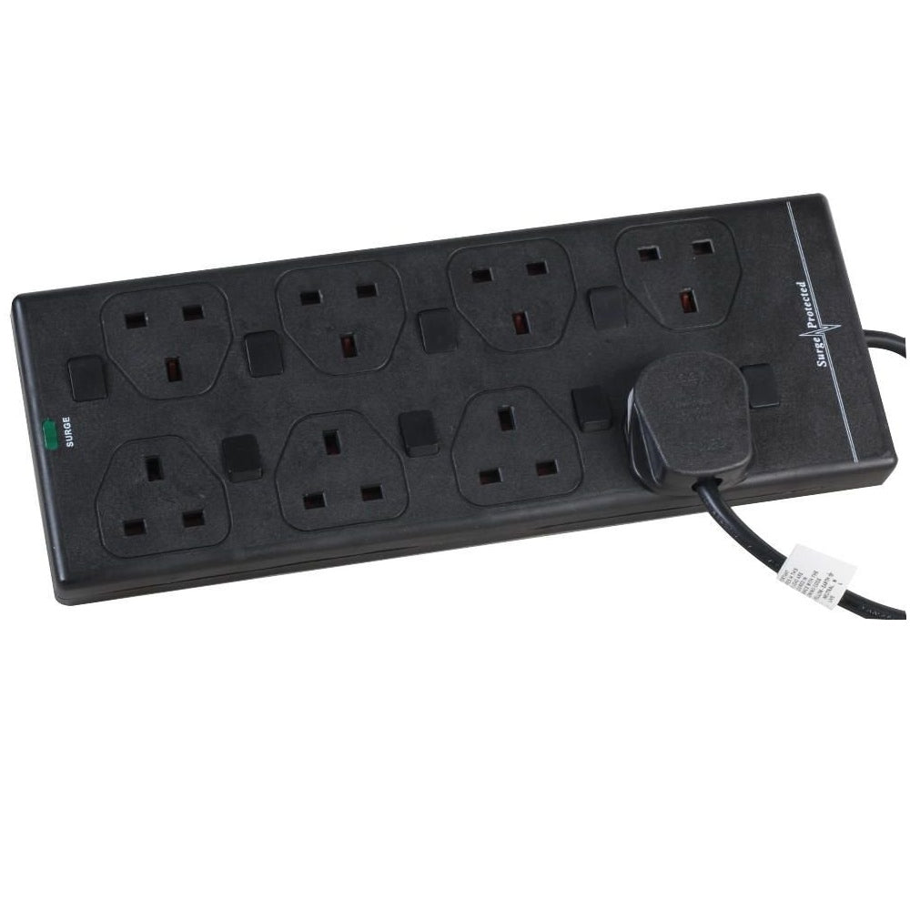 Surge Protected Black 8 Way Switched Extension Lead 5m-Power Leads-DJ Supplies Ltd