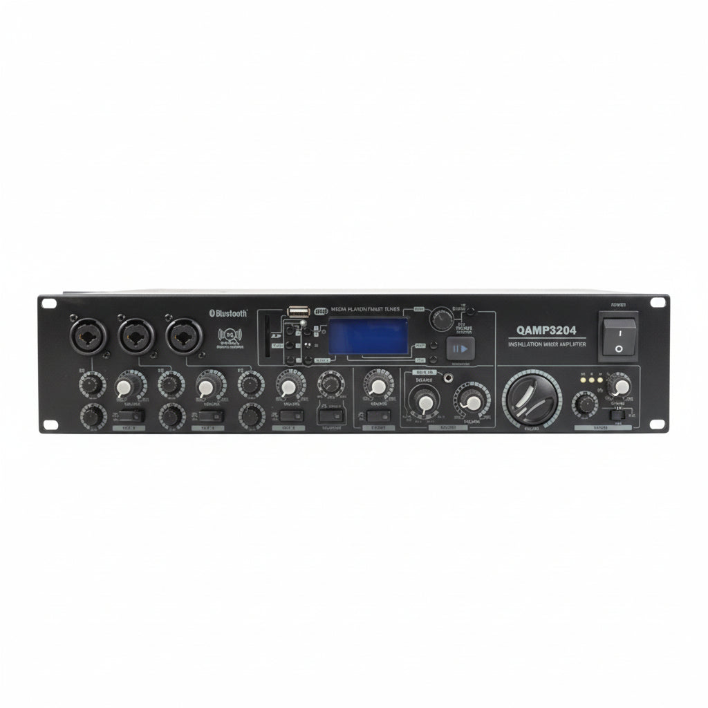 QAMP3204 | 2 Zone Mixer Amp with Media Player, Bluetooth, FM Tuner, Built-in Jingle Player-Q-Audio Venue Sound-DJ Supplies Ltd